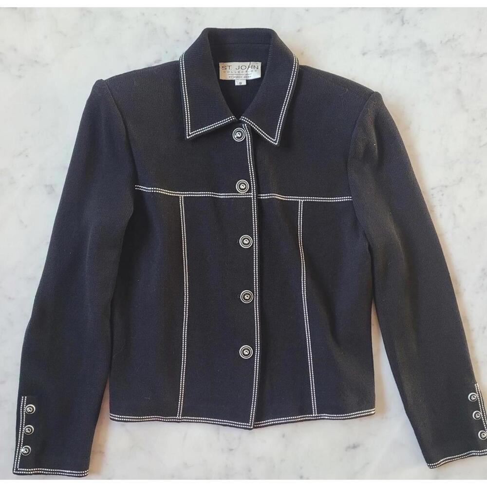 St John Jacket Black Knit White Contrast Paillettes Capsule Minimal Classic 6